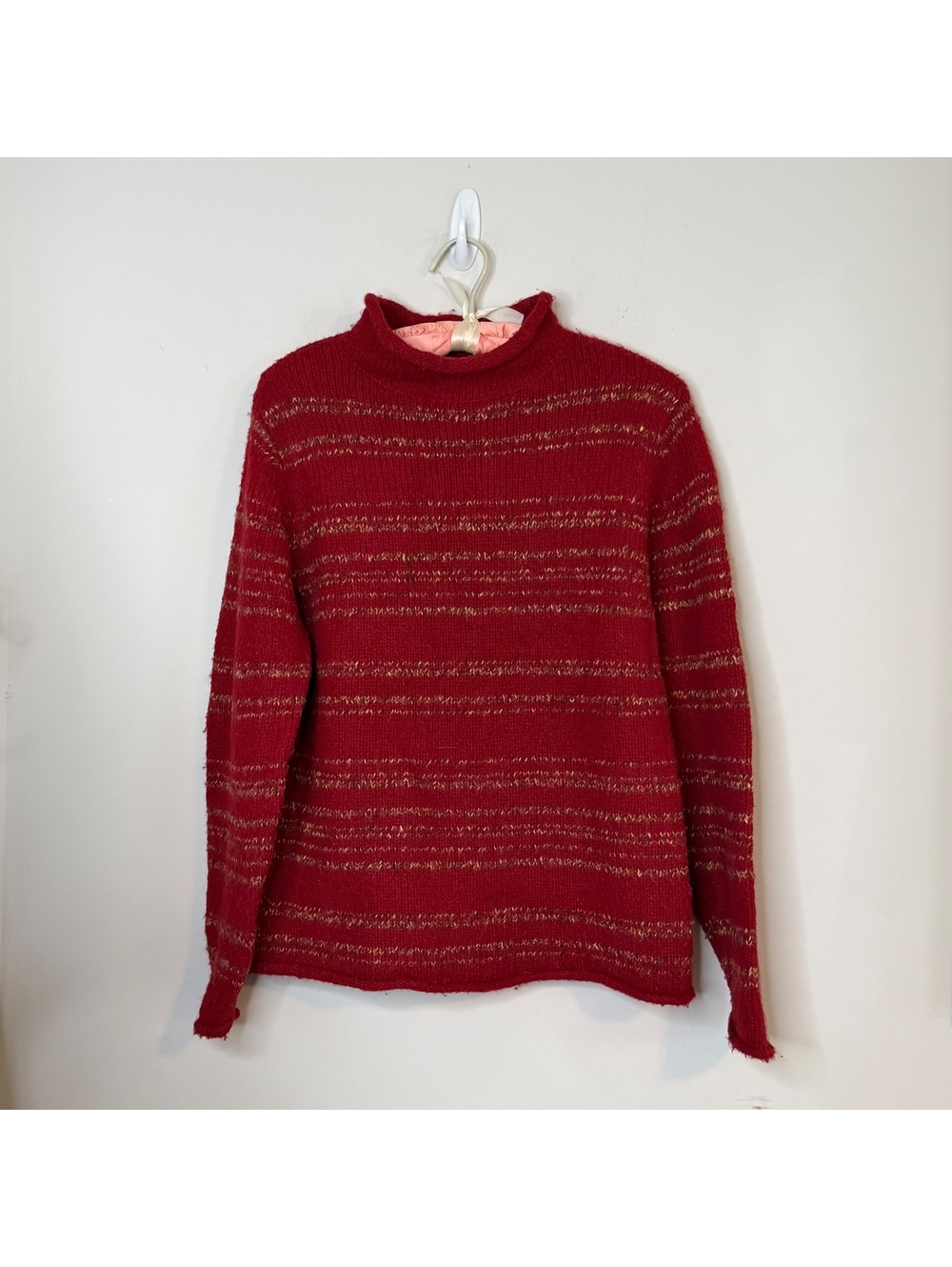 Vintage 90s Red Striped Roll Neck Sweater Textured Knit Retro Preppy